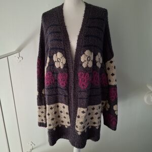 NATURAL LIFE Plush Open-Front Floral Knit Cardigan - Purple, Cream & Pink